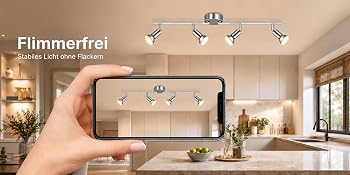 Der Text lautet „Flimmerfrei“. In der Hand haltendes Smartphone mit Deckenleuchte, bei der die gleichen Lichter im Raum im Hintergrund sichtbar sind.