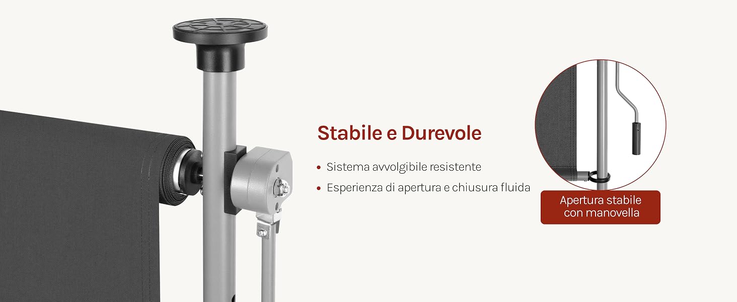 Il testo dice «Stable + Controls». Schema tecnico che mostra la staffa di montaggio o il sistema di stabilizzazione con componenti metallici e meccanismi di regolazione.