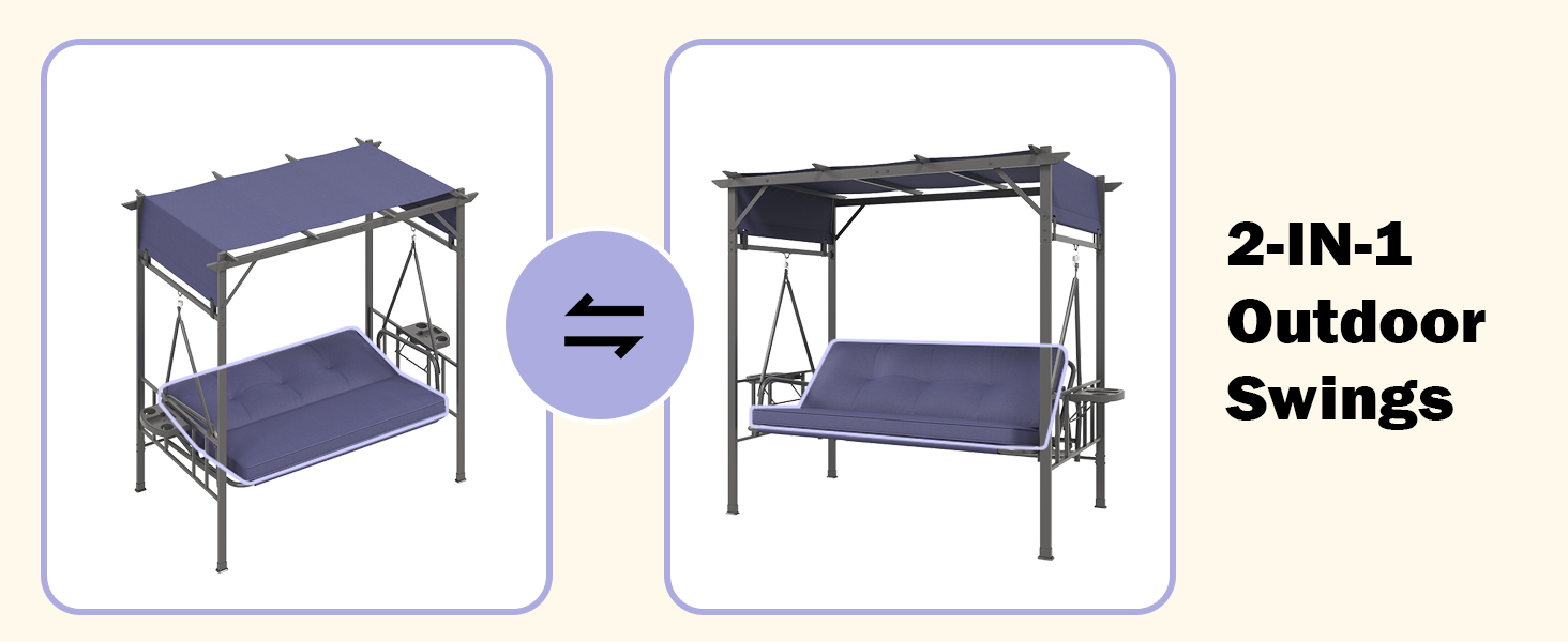Der Text lautet „2-IN-1 Outdoor“. Bilder zur Produktdemonstration, die ein umwandelbares Gartenmöbelstück aus verschiedenen Blickwinkeln zeigen.