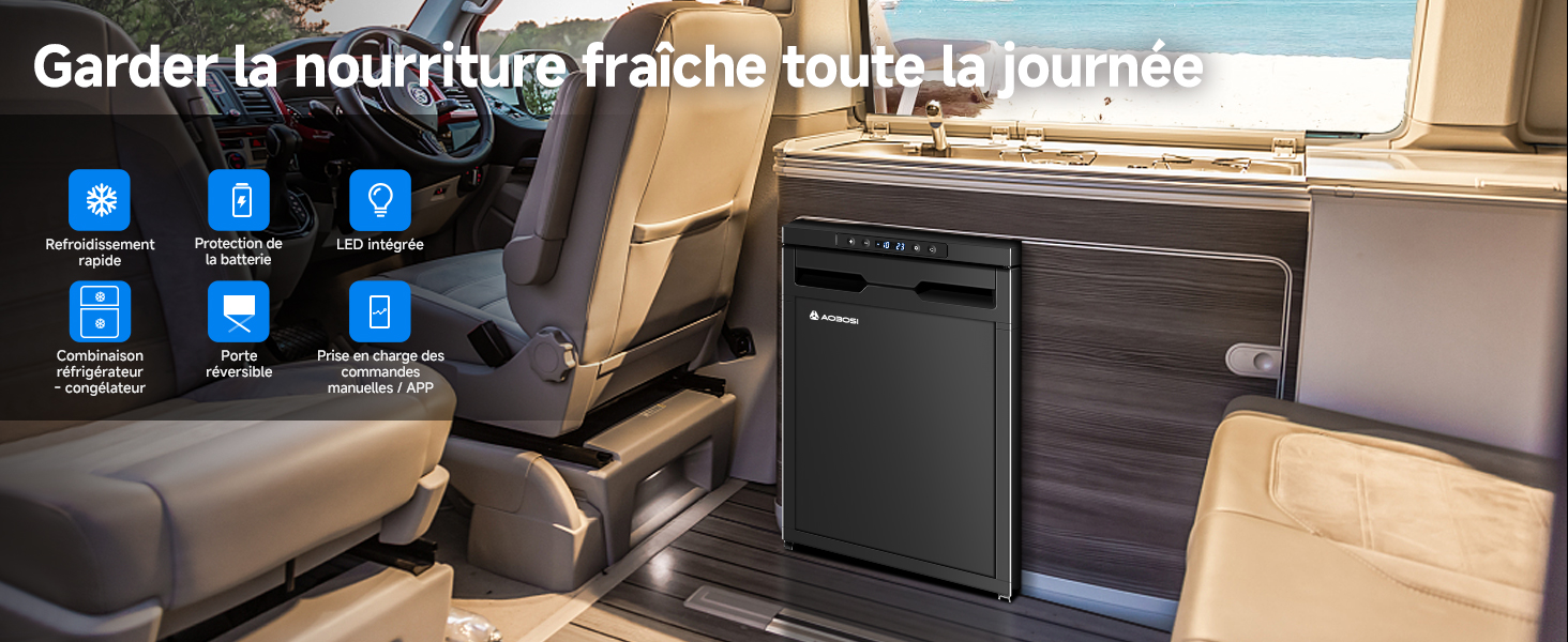 Réfrigérateur portatif à l'intérieur d'un véhicule, illustré entre des sièges en cuir brun clair. L'appareil compact noir est doté d'une porte à ouverture frontale et est placé sur le plancher de ce qui semble être un camping-car ou un