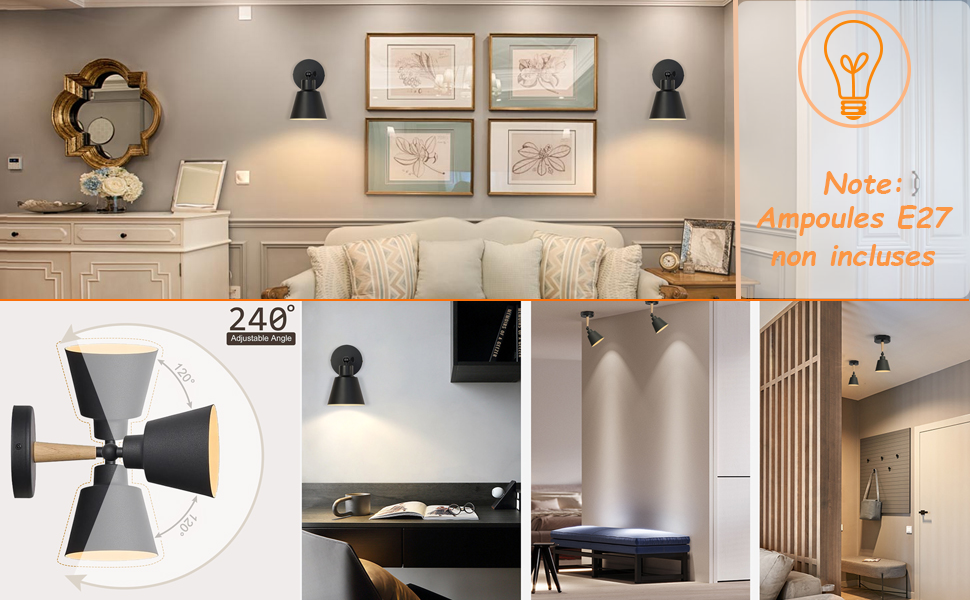 Collection d'appliques murales noires présentées dans divers décors intérieurs avec des éléments de design et des effets de lumière modernes