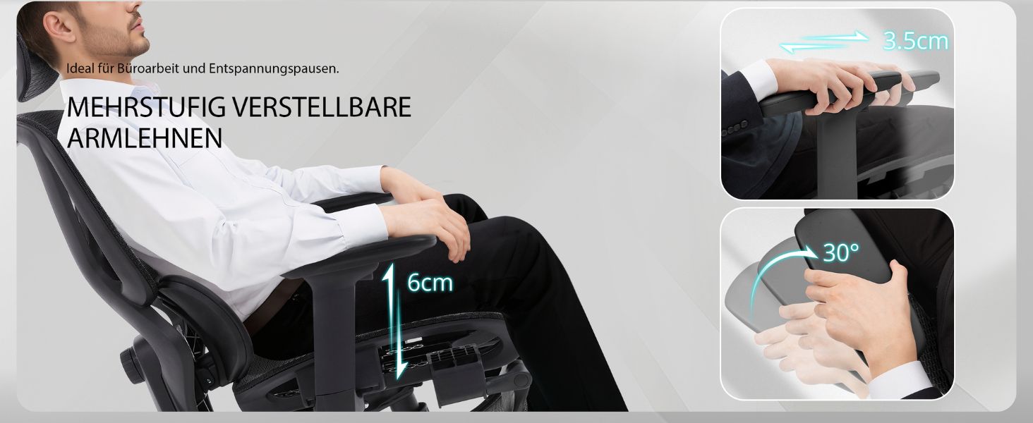 Das Diagramm des Bürostuhls zeigt verstellbare Armlehnen mit einem Höhenverstellbereich von 6 cm. Mehrere Paneele bieten verschiedene ergonomische Einstellmöglichkeiten.