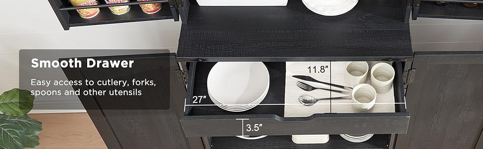 Der Text lautet „Smooth Drawer“. Sequenz zur Produktdemonstration, die eine Schublade oder einen Schiebemechanismus zeigt.