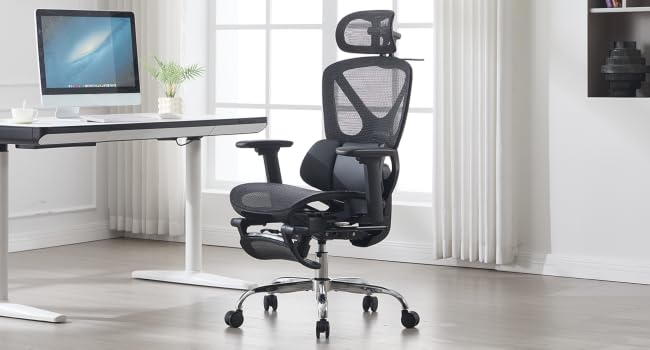 Series of images showing modern office space with ergonomic desk chairs, computer monitors, and clean workspace setup in a bright interior setting.