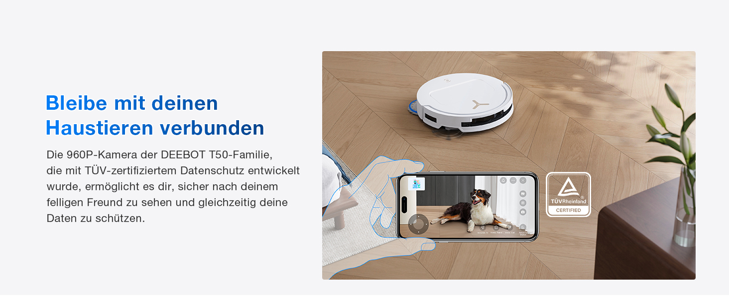 Text lautet 'Blaha mit deinem Zuhauslern verbunden' und deutsche Produktbeschreibung. Weißer runder Saugroboter auf einer Holzoberfläche mit Smartphone-Display und App-Oberfläche, die die Geräteverbindung anzeigt.