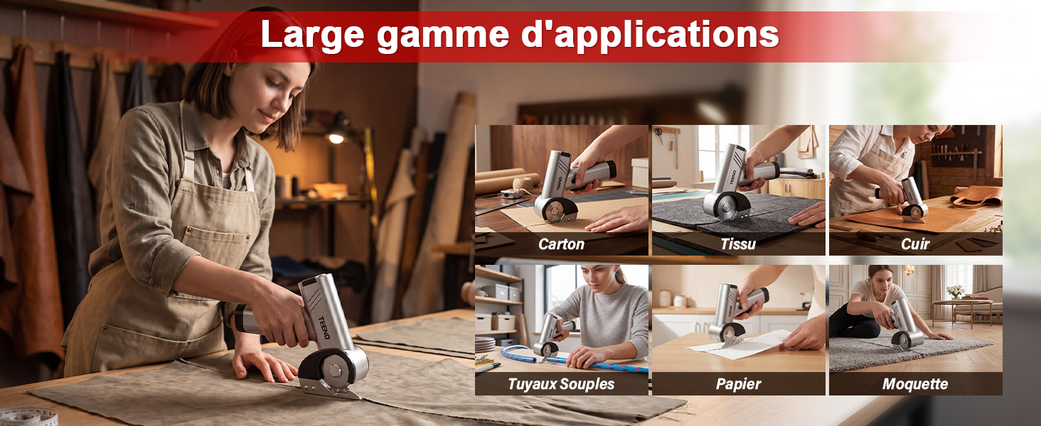 Le texte se lit comme suit : « Large gamme d'applications ». Image composite présentant plusieurs scénarios d'application, notamment des ateliers, des bureaux, des cuisines et des espaces de loisirs.
