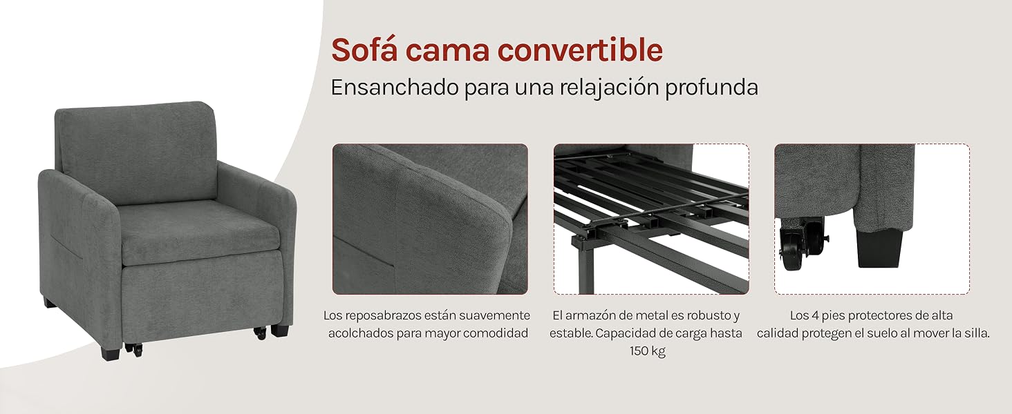 El texto dice «Sofá cama convertible». Vistas adicionales del mismo sofá cama convertible gris muestran su transformación de la configuración de sofá a cama.
