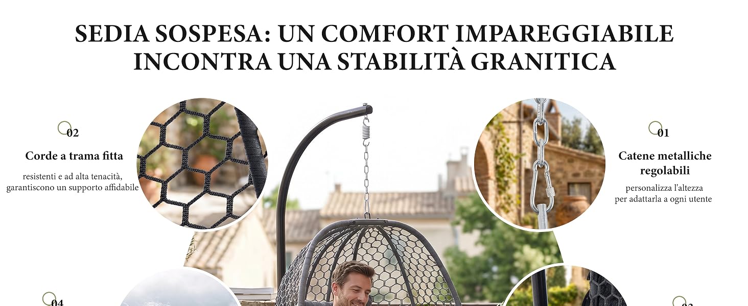 Il testo recita «SEDIA SOSPESA, UN COMFORT IMPAREGGIABILE INCONTRA UNA STABILITÀ GRANITICA». L'immagine mostra una sedia sospesa con viste ravvicinate del materiale del sedile intrecciato, dei dettagli della struttura in metallo e dei componenti strutturali che dimostrano la qualità costruttiva.