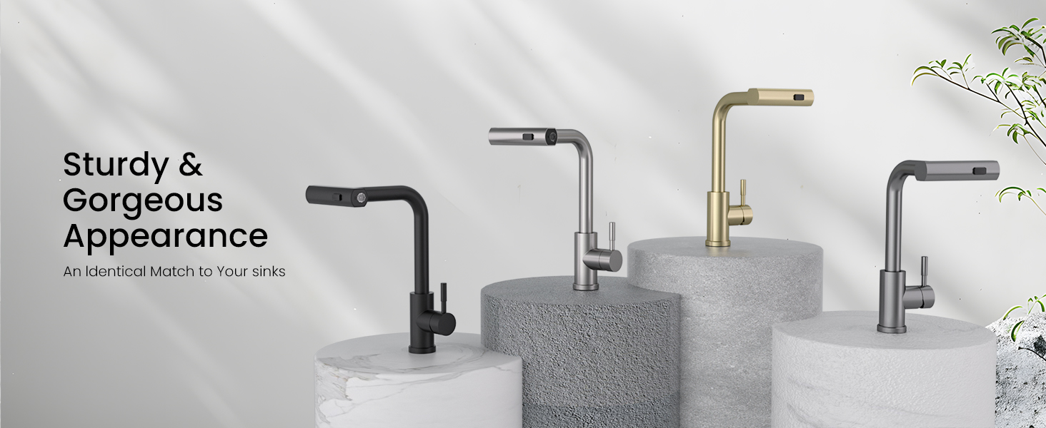 Collection of modern kitchen or bathroom faucets in black and metallic finishes, displayed against white background with concrete sink.