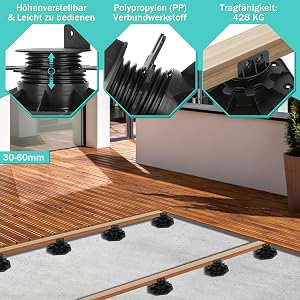 présentant des supports de terrasse réglables. Les caractéristiques incluent le réglage de la hauteur (30-50 mm), le matériau en polypropylène et une capacité de charge de 428 kg.