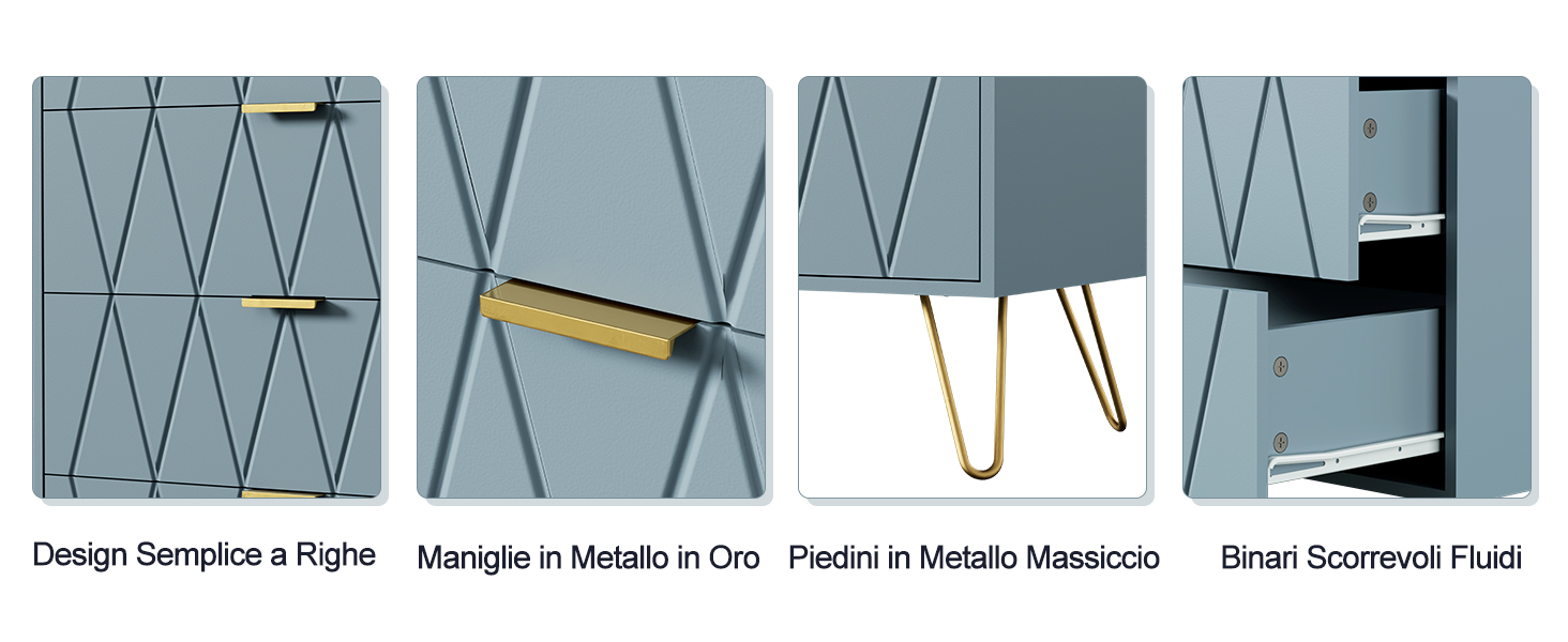 Il testo recita «Design Simplez à Plier», «Marque in Moutch in Oro», «Psden in Moutch Massacio» e «Brian Gicornell Elua». Layout a quattro pannelli con contenitori portaoggetti in tessuto con motivi geometrici, dimostrazione di piegatura e dettagli interni.