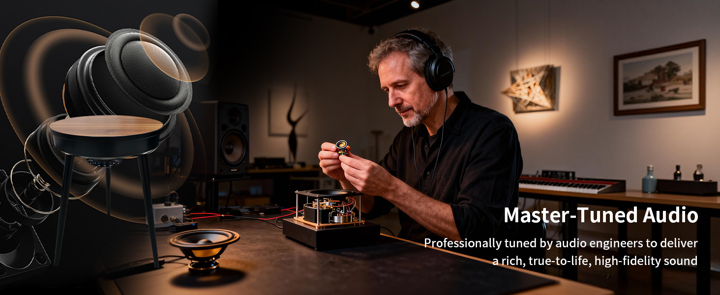Il testo dice «Master-Tuned Audio». Configurazione dimostrativa dell'apparecchiatura audio con giradischi e altoparlanti in un ambiente scarsamente illuminato che mostra test audio professionali.