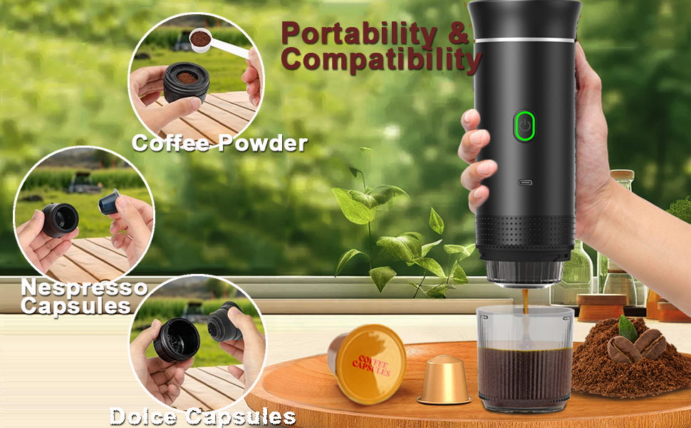 compatible con café moulu et les cápsulas, ilustradas en curso de utilización con marco de café e imágenes de demostración.