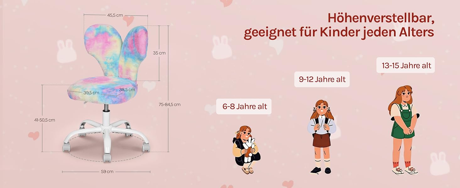 Der Text lautet „Höhenverstellbar“. Illustriertes Lehrdiagramm mit Zeichentrickfiguren, die verschiedene Positionen oder Bewegungen auf rosafarbenem Hintergrund demonstrieren.