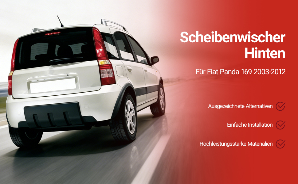 Le texte indique « Scheibenwischer Hinten » et « Pour Fiat Panda 199 2003-2012 ». Vues multiples de l'installation de l'essuie-glace arrière sur une voiture rouge.