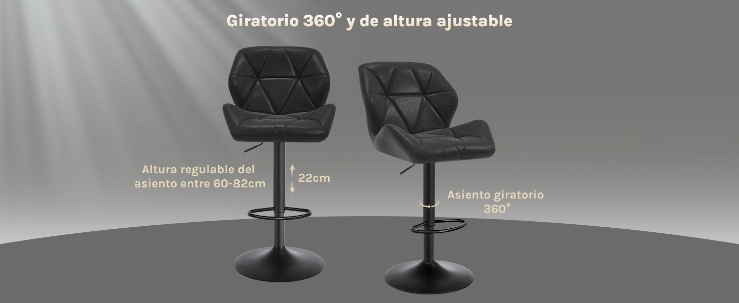 Dos taburetes de bar ajustables modernos con tapicería con estampado de diamantes y bases giratorias de 360 grados