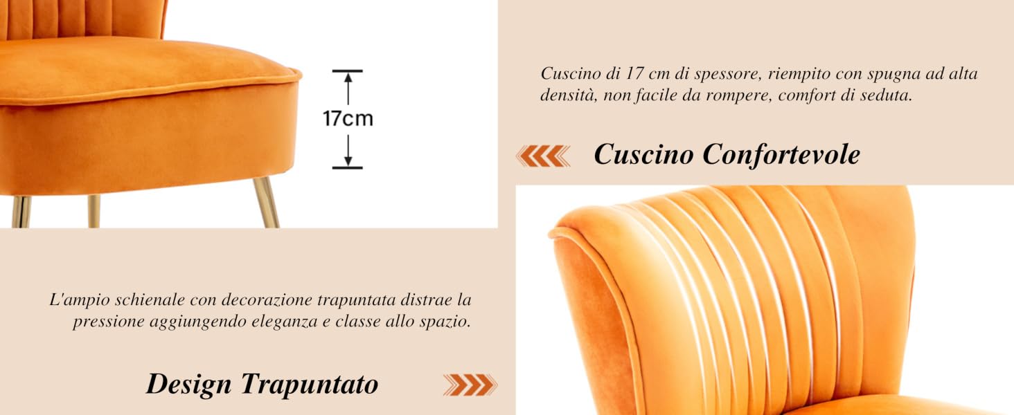 Poltrona imbottita arancione con capitonné a canale verticale sullo schienale. Gambe in legno a vista. L'immagine mostra una vista parziale e dettagli testuali sul design e sul comfort della sedia.