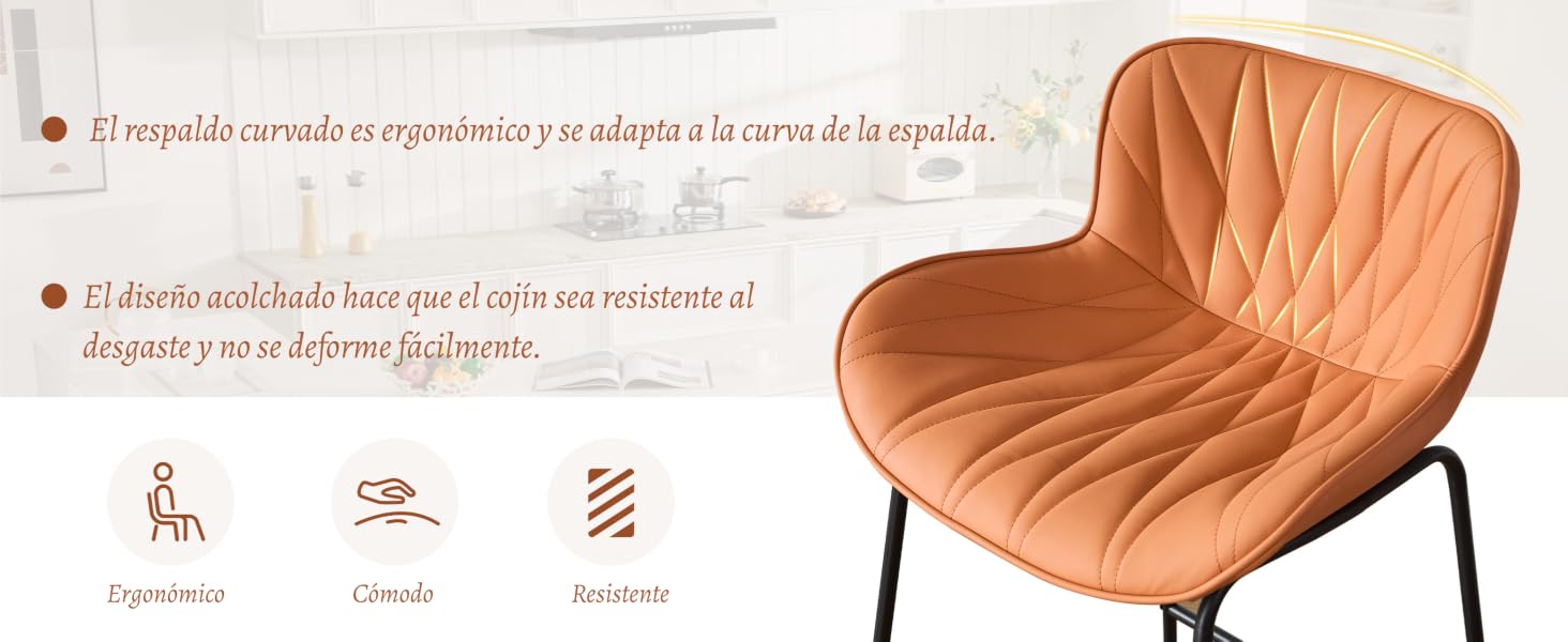 Silla decorativa de cuero naranja con diseño de respaldo curvo que se muestra desde varios ángulos, incluidas las especificaciones técnicas y las medidas en una superposición de texto.
