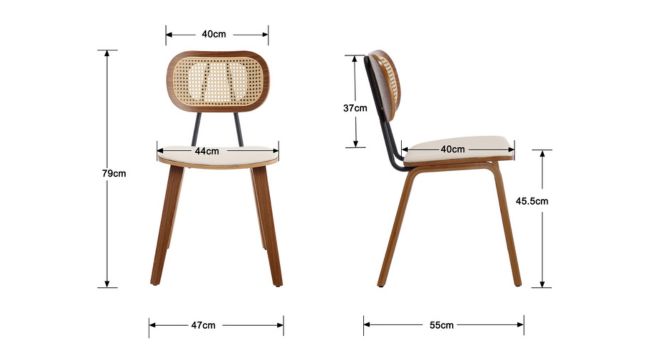 Wooden dining chair with cane backrest, showing front and side views. Dimensions listed: 78cm height, 40cm width, 47cm depth, 45.5cm seat height.