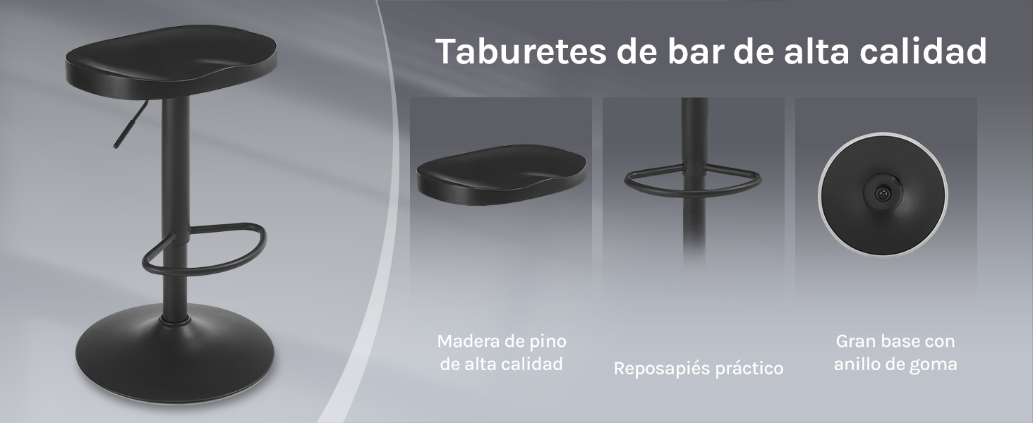 con asiento redondo, base de metal y reposapiés. Cuenta con una construcción de madera de pino de alta calidad y un práctico mecanismo giratorio. Incluye un primer plano del asiento con borde de goma