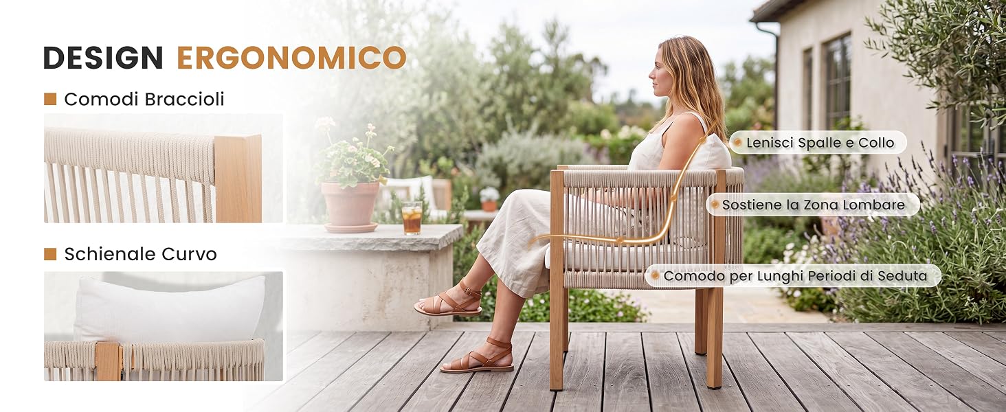 Il testo recita 'DESIGN ERGONOMICO' e 'Il classico ritorno'. Donna seduta su una sedia rosa all'aperto con piante in vaso, che dimostra il design ergonomico del salotto o della sedia a sdraio.
