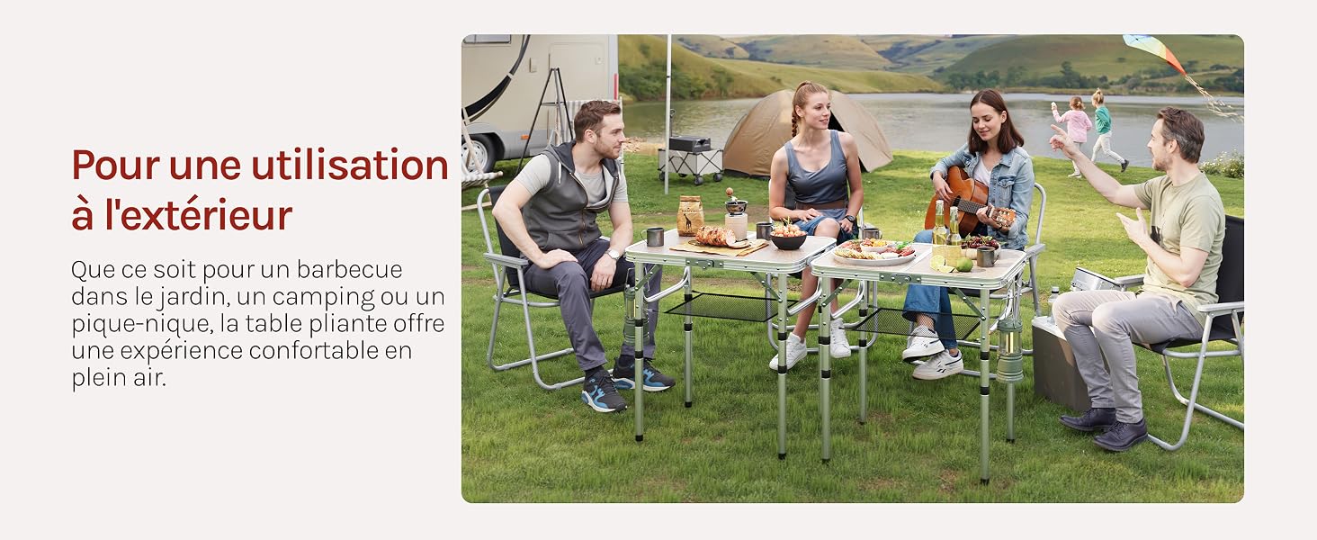 Le texte se lit comme suit : « Pour une utilisation à l'extérieur ». Scène d'activités de plein air montrant des exercices en groupe ou des activités récréatives sur l'herbe.
