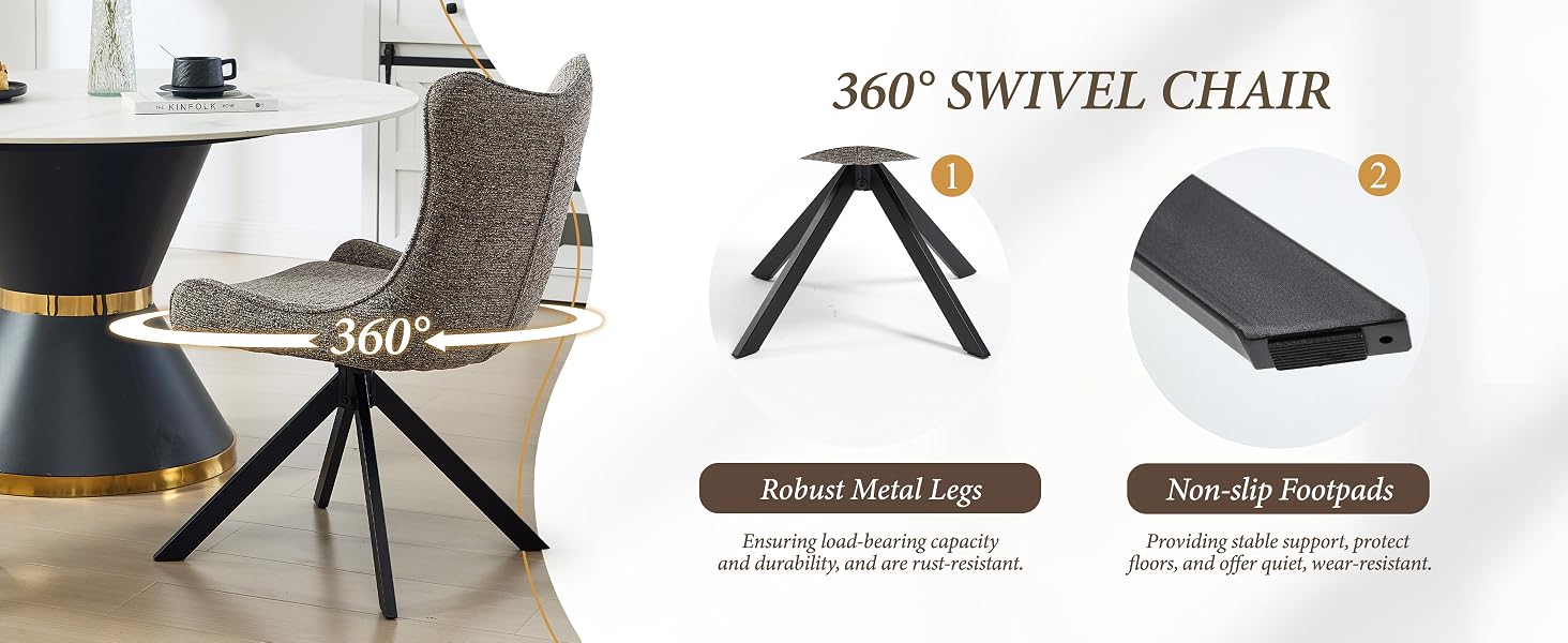 Text reads '360° SWIVEL CHAIR', 'Robust Metal Legs', 'Free-slip Footpads'. Product diagram showing chair base with 360-degree rotation capability and footpad details.