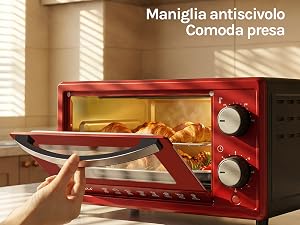 Il testo recita «Maniglia antiscivolo» e «Comoda presa». Forno da banco rosso con porta in vetro che mostra il pane tostato all'interno, mani che dimostrano il funzionamento della porta.