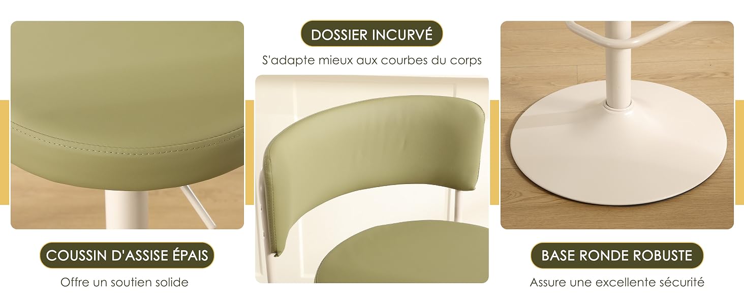 Le texte indique « CUDERY REMBOURRED », « SIÈGE DE CHAISE EN CUDERY », « SIÈGE ROND INTÉGRÉ ». Trois variantes de produits présentées : assise rembourrée vert olive, chaise incurvée avec accoudoirs et assise ronde en bois naturel avec design intégré.