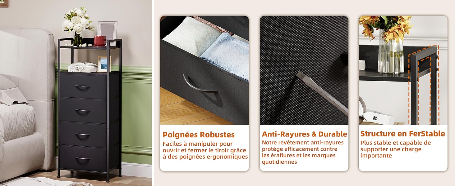 Présentoir d'emballage du produit présentant quatre articles différents : tour de rangement noire, étui de protection gris, cartes d'instructions contenant des informations sur le produit et accessoires supplémentaires disposés en grille.