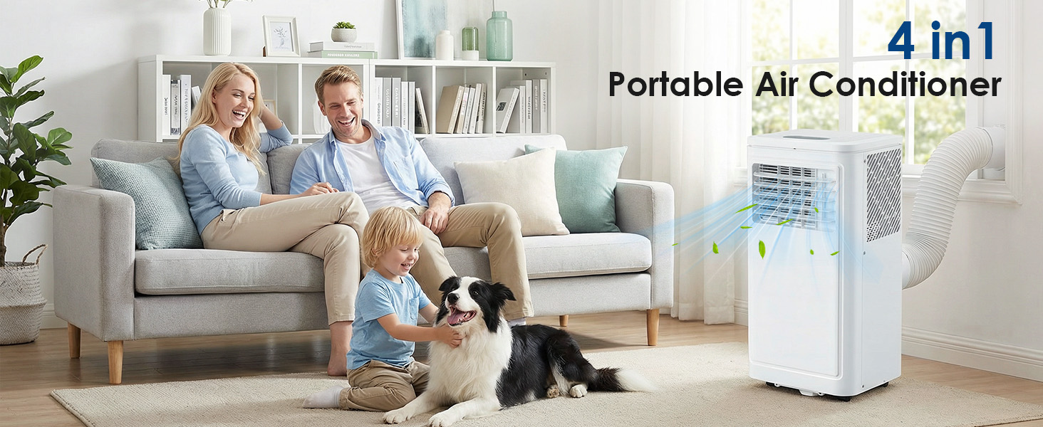 Text reads '4 in 1 Portable Air Conditioner'. White portable air conditioning unit shown in modern living room setting with cooling capabilities and remote control.