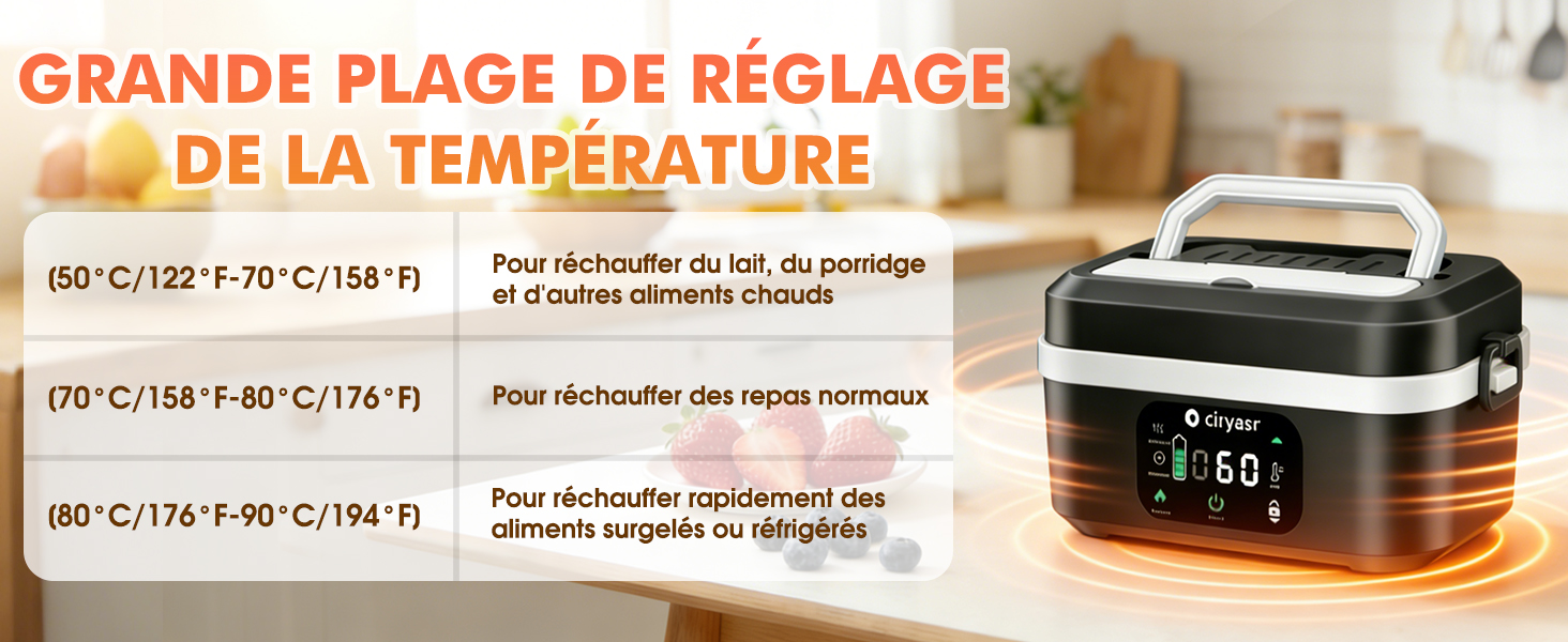 Le texte indique « GRANDE PLAGE DE RÉGLAGE DE LA TEMPÉRATURE ». Ensemble d'écrans numériques affichant les réglages de température et les commandes d'un appareil.