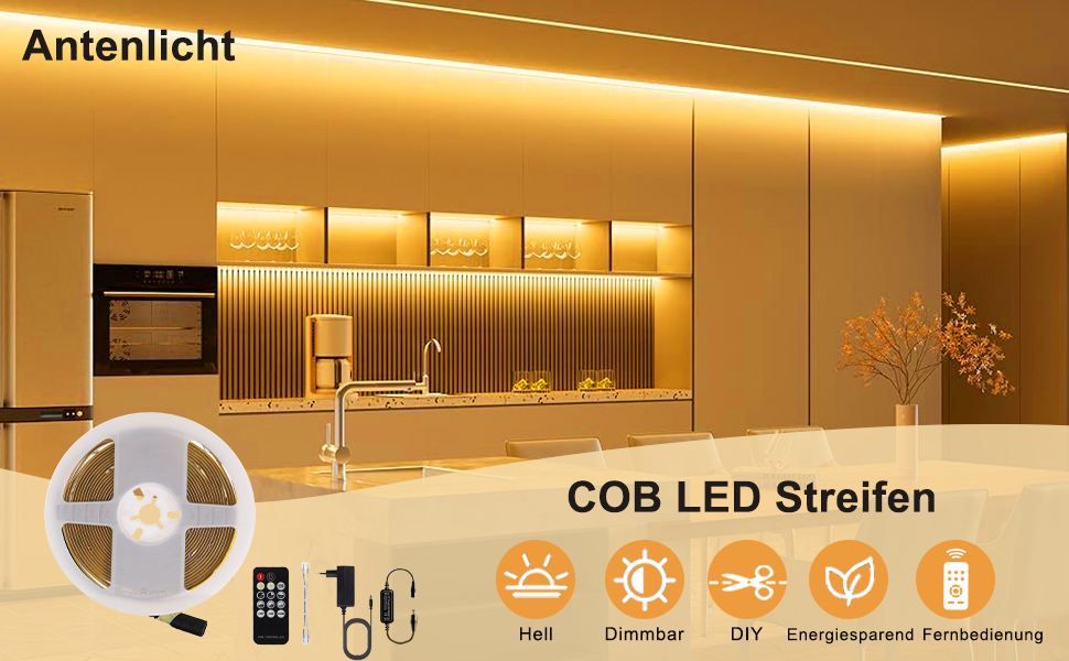 Moderne Küche mit LED-Streifenbeleuchtung. Aufgerollter LED-Streifen auf Rolle abgebildet. Die Symbole weisen auf Funktionen hin: Helligkeitssteuerung, Energieeinsparung, Selbstinstallation und Fernbedienung