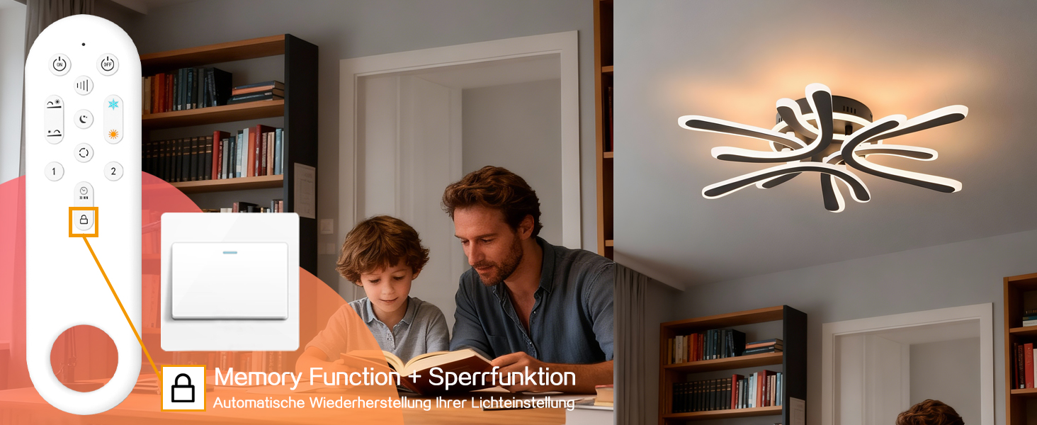 Der Text lautet: 'Memory Function + Sprachfunktion'. Modernes Wohnzimmer mit montierter abstrakter LED-Deckenleuchte, Bücherregalen und Bedienfeld an der Wand.