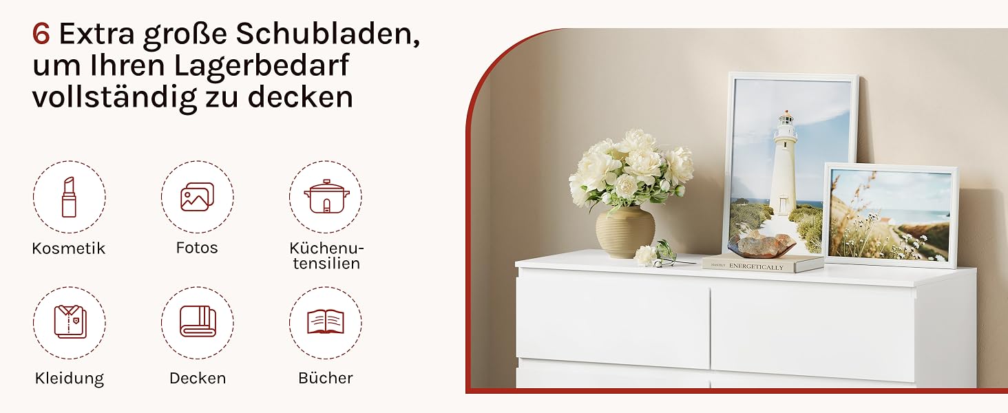 Der Text lautet „Extra große Schubladen, um Ihren Lagerbedarf“. Eine Reihe von Produktbildern zur Schubladenorganisation, die geräumige Staufächer und Montageschritte zeigen.