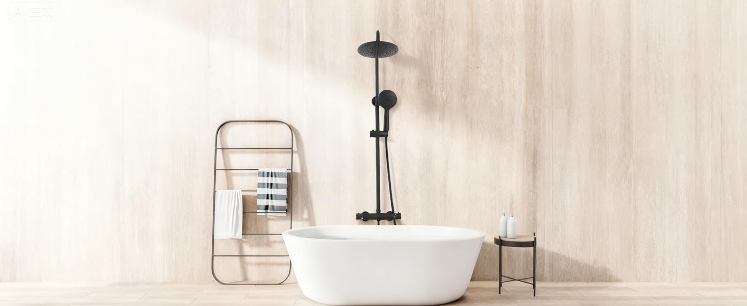 Intérieur de salle de bain minimaliste moderne avec vasque blanche, robinet mural et porte-serviettes en métal contre un mur beige clair.