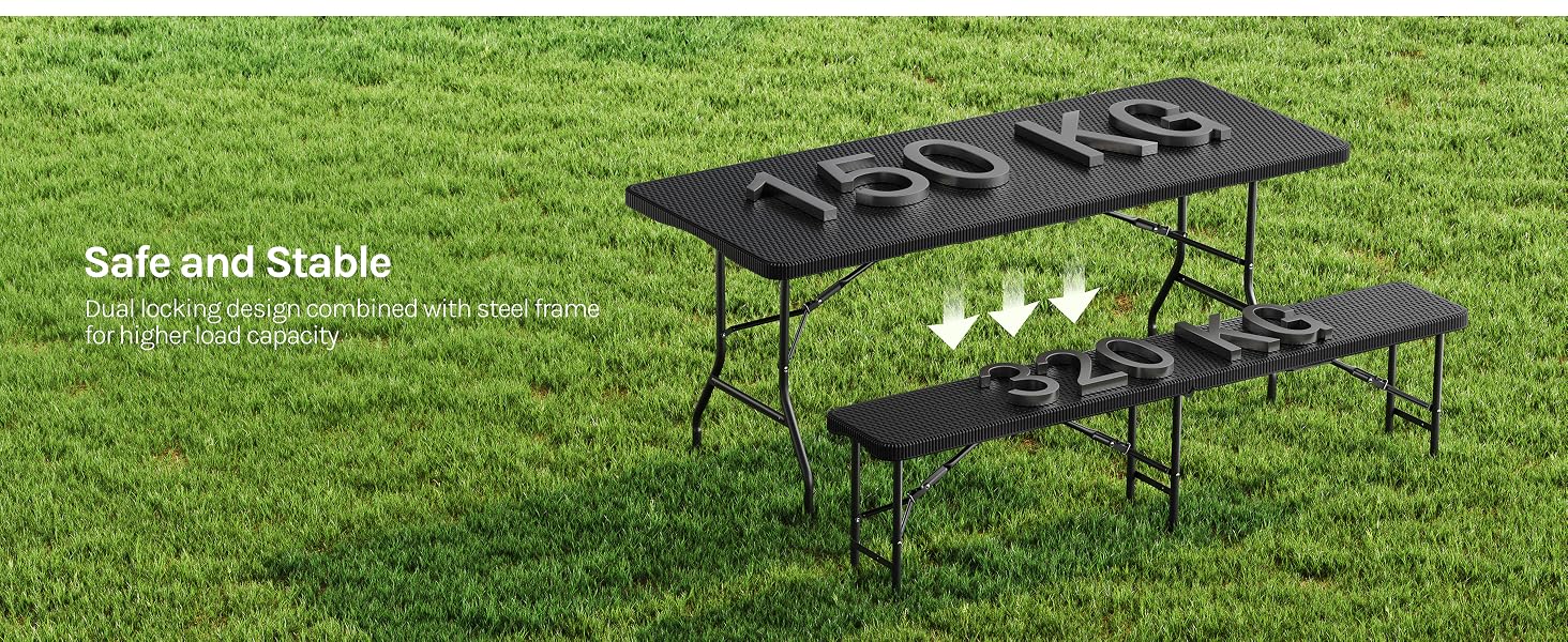 Text reads: "Safe and Stable". Black metal camping picnic table with attached bench seating set on grass. Compact fold-out furniture design for outdoor dining and gathering.