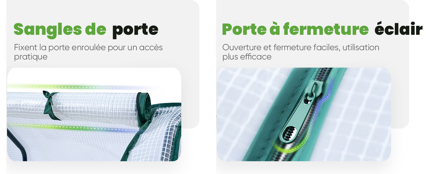 Le texte se lit comme suit : « Angles de porte » et « Porte à fermeture éclair ». Images de produits montrant des sangles de porte à fermeture éclair vertes avec démonstrations d'installation.