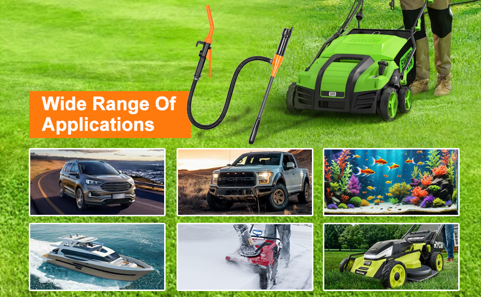 présentant diverses applications : tondeuse à gazon sur gazon, voiture sur route, camionnette tout-terrain, aquarium coloré, yacht de luxe sur l'eau, souffleuse à neige en action et tondeuse à gazon électrique sur gazon