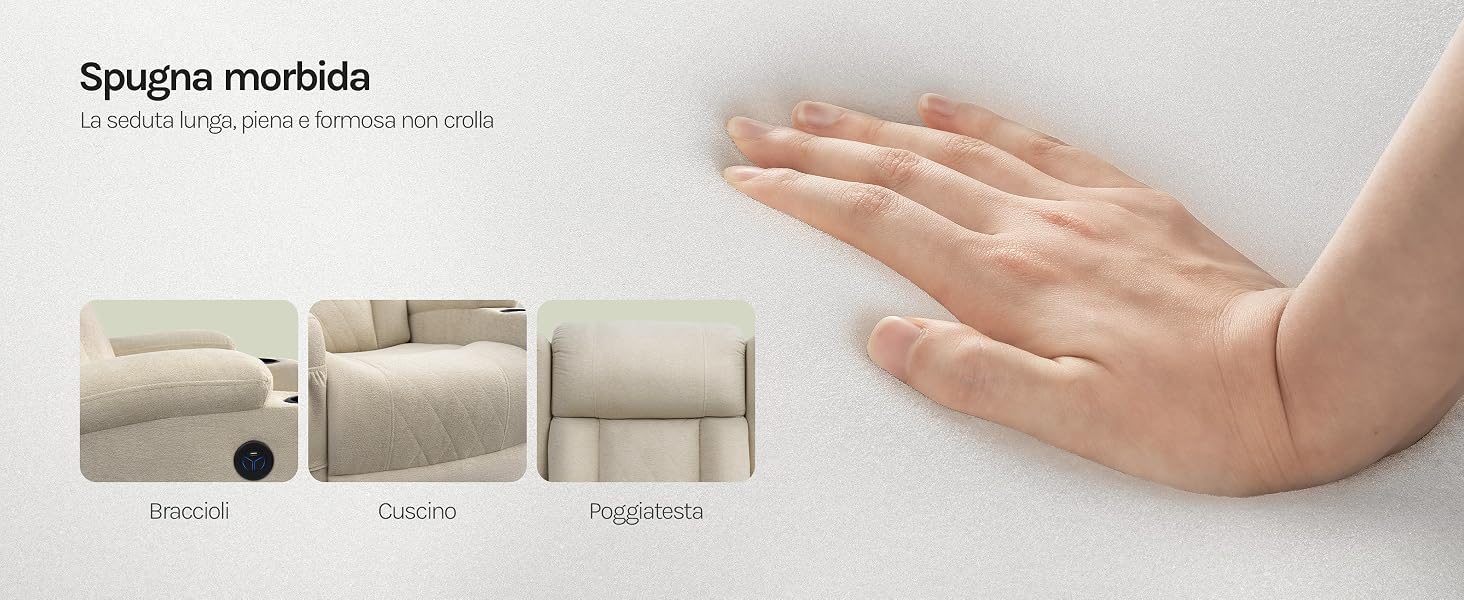 Dimostrazione del prodotto a tre pannelli che mostra i cambiamenti della trama del tessuto o del materiale in seguito a diverse interazioni manuali, con sovrapposizione di testo