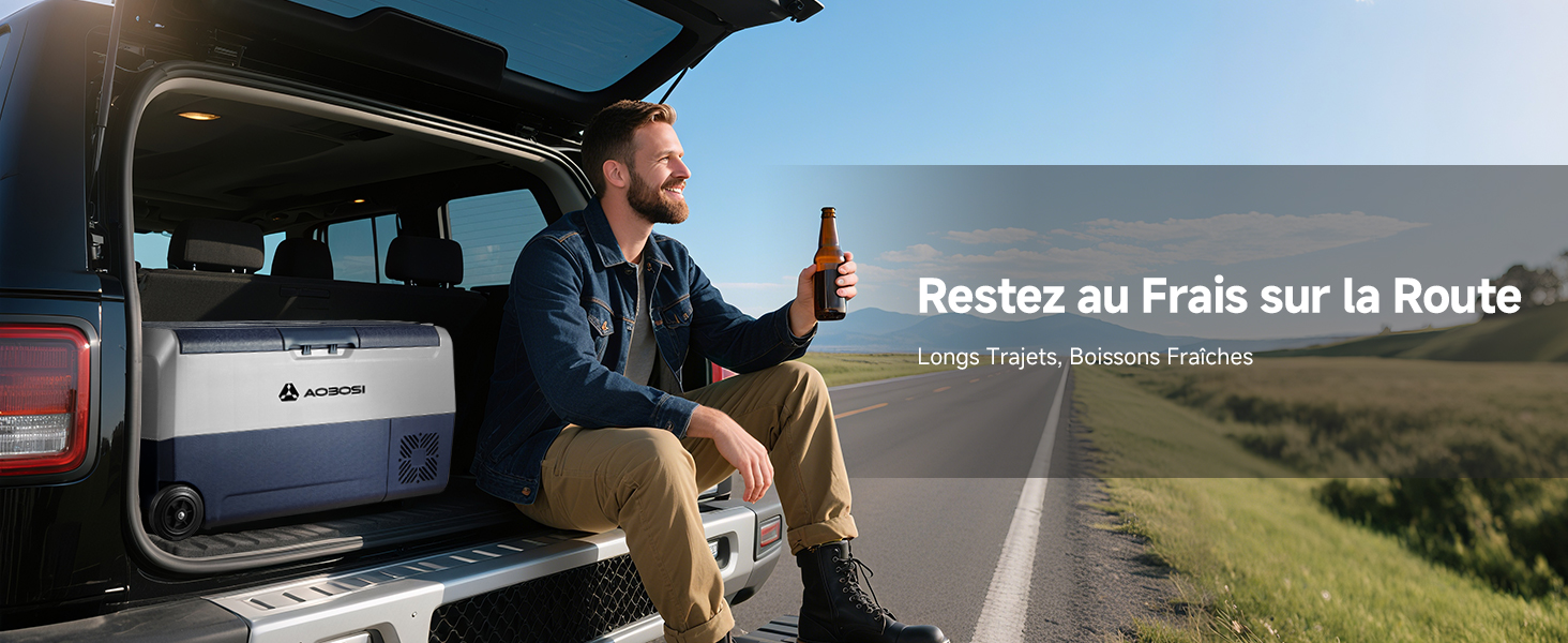 Le texte se lit comme suit : « Restez au Frais sur la Route ». Série d'images montrant ce qui semble être une solution de refroidissement ou de stockage dans l'environnement d'un véhicule.