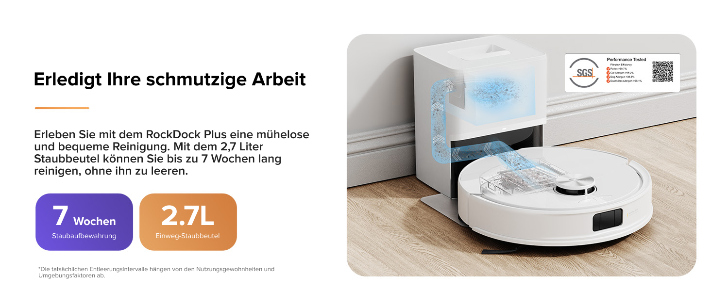 Weißer runder Roboterstaubsauger auf Holzboden neben der Wand. Das Gerät strahlt blaues Licht aus, was auf einen automatischen Betrieb hindeutet. Produktinformationen werden in deutschem Text angezeigt.