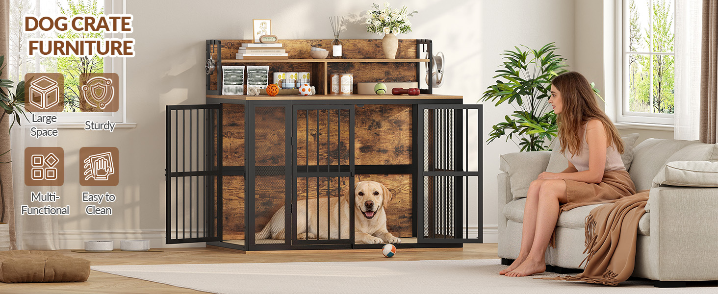 Le texte indique « DOLCERATI FURNITURE ». Armoire de rangement en métal noir avec portes vitrées contenant des étagères, exposée dans un salon lumineux avec un enfant assis à proximité.