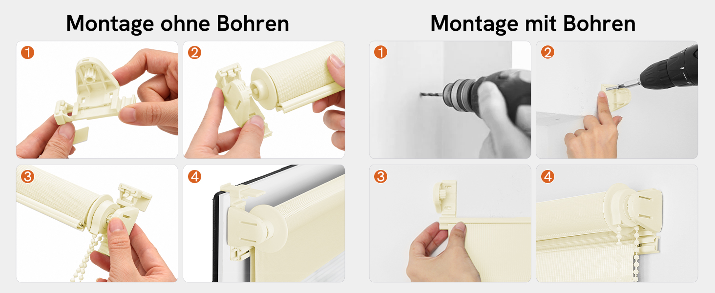 Der Text lautet „Montage ohne Bohren“ und „Montage mit Bohren“. Fotos mit schrittweisen Anleitungen, die den Installationsvorgang an der Wand mit und ohne Bohren anhand nummerierter Schritte und Handvorführungen zeigen.