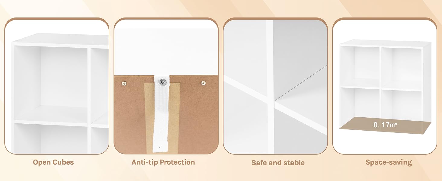 White wall-mounted storage unit shown in four assembly stages, featuring open cubes, anti-tip protection, and secure wall mounting capabilities.
