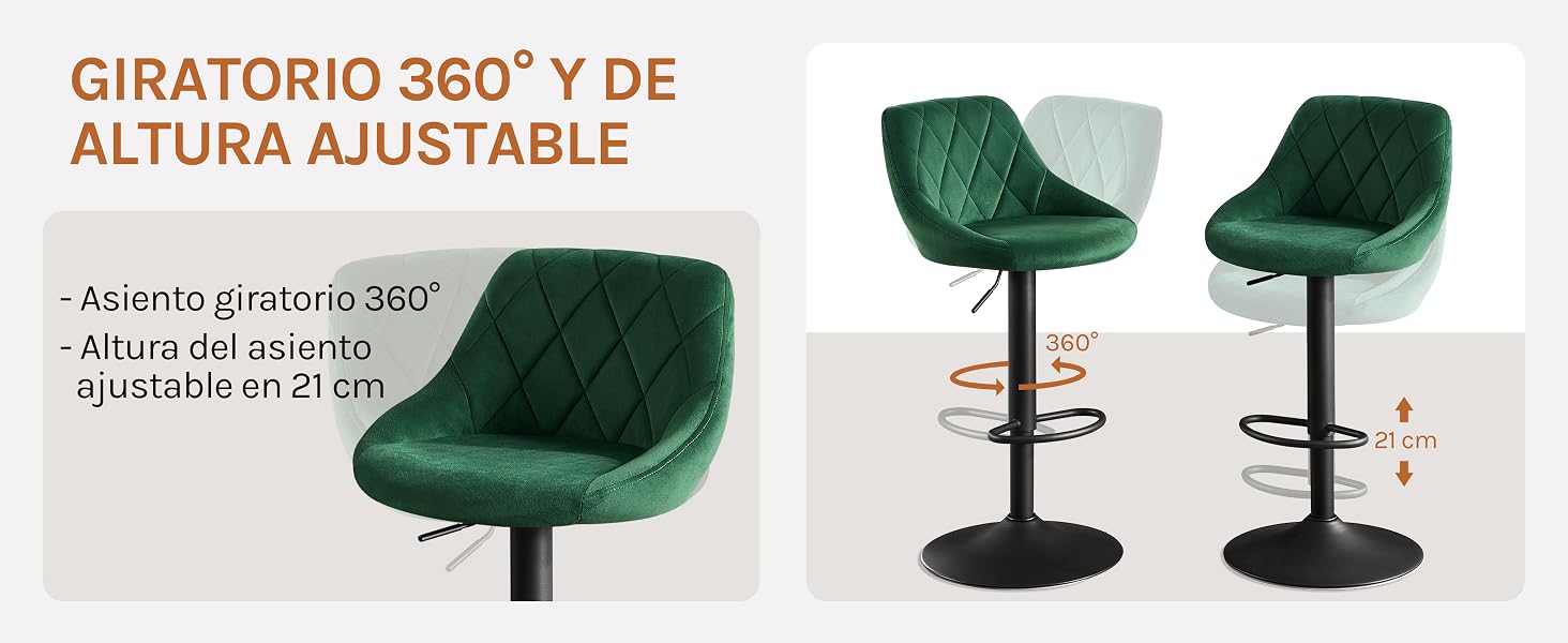 El texto dice «GIRATORIO 360° Y DE» y «ALTURA AJUSTABLE». Silla giratoria acolchada de color verde con mecanismo de altura ajustable que se muestra en varias posiciones.