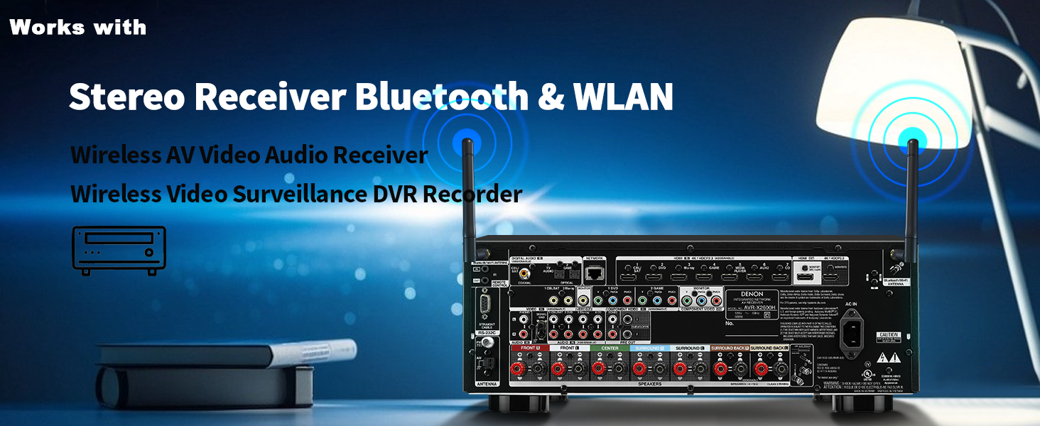 Text reads 'Stereo Receiver Bluetooth &amp; WLAN'. Shows close-up of audio equipment interface with digital display and controls.