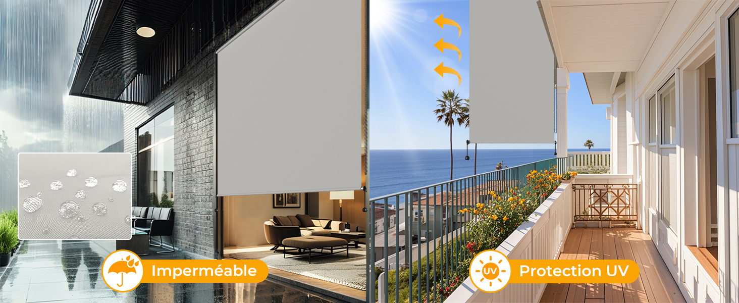 Série de photos intérieures et extérieures d'appartements ou d'hôtels de luxe présentant un mobilier moderne, de grandes fenêtres et des balcons avec vue sur l'océan.