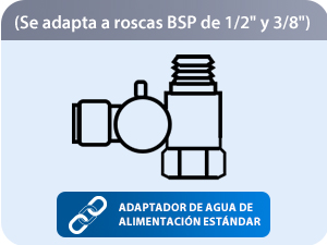 El texto dice «Se adapta a roscas BSP de 1/2» y 3/8» y «ADAPTADOR DE AGUA DE ALIMENTACIÓN ESTÁNDAR». Diagrama técnico que muestra los racores y conexiones del adaptador de agua.