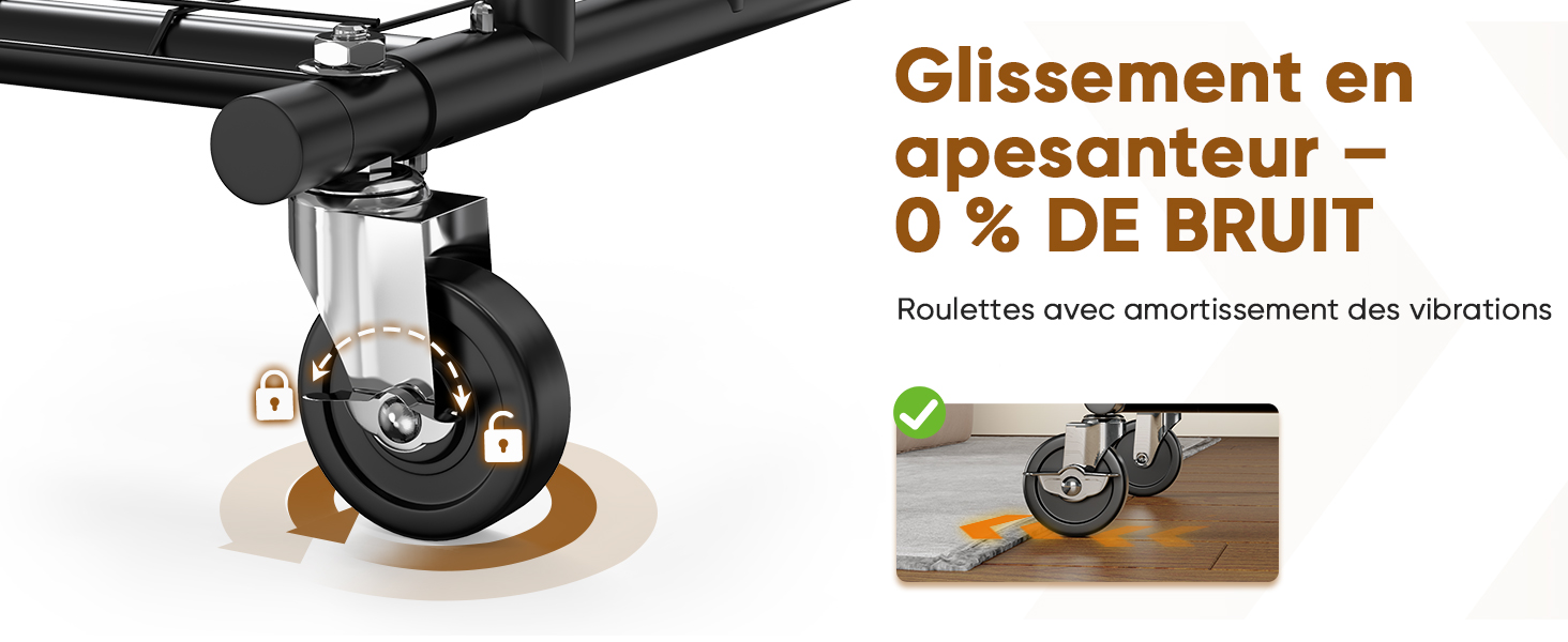 Le texte se lit comme suit : « Glissement en apesanteur - 0 % DE BRUT ». Schémas en gros plan du mécanisme de la roue démontrant la fonctionnalité de glissement fluide.